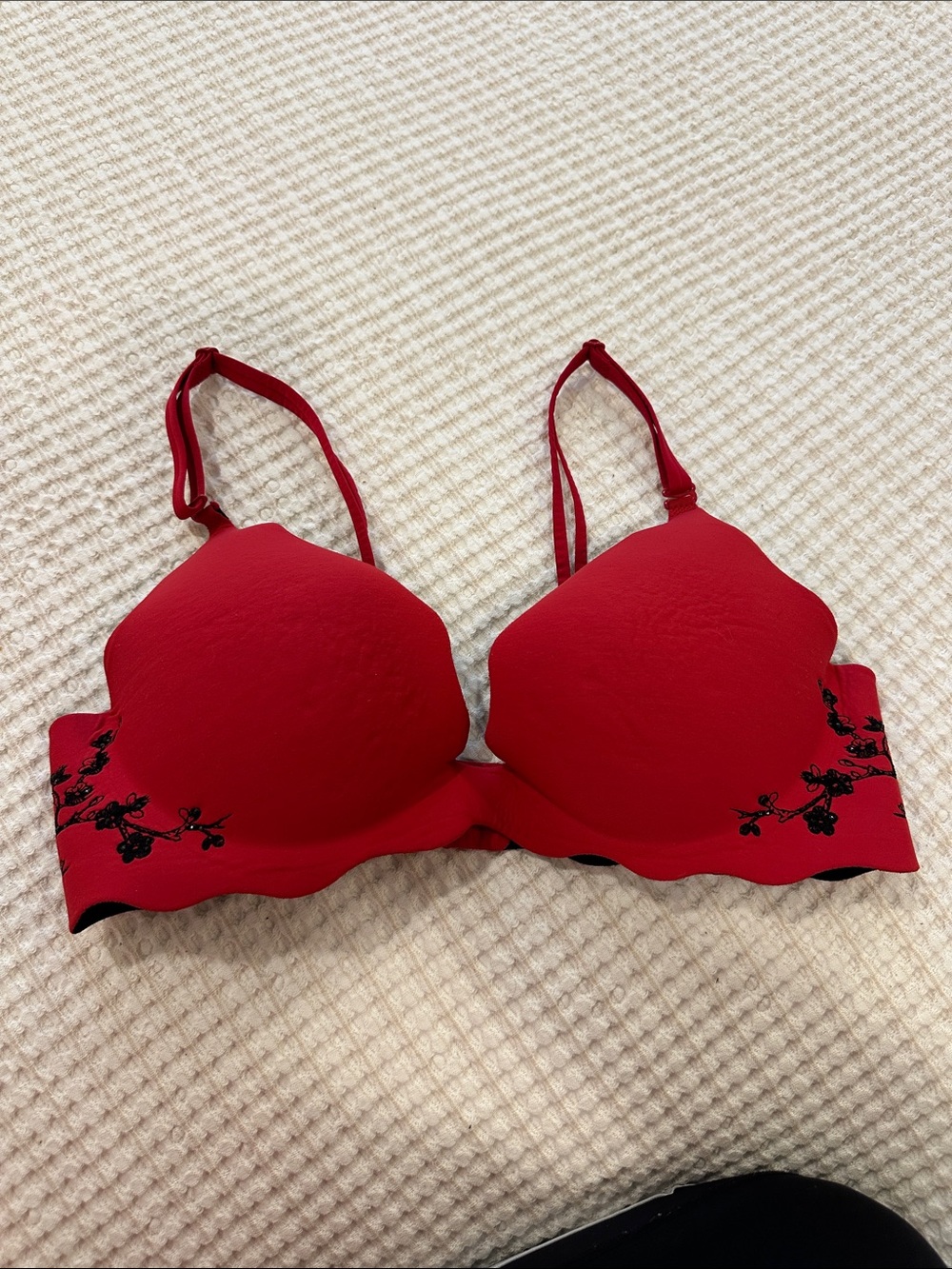 Victoria's Secret Red Push-Up Bra with Black Floral Embroidery
